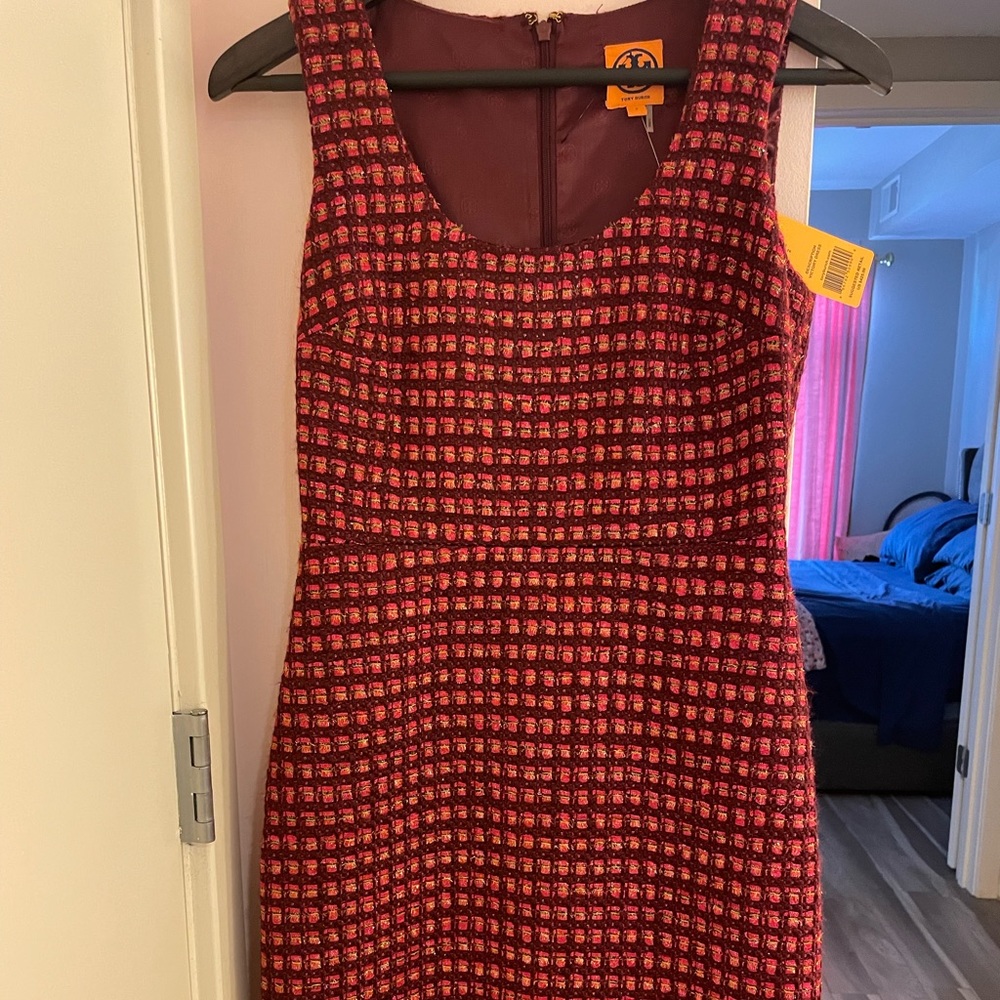 Tweed dress in gold back and red.
